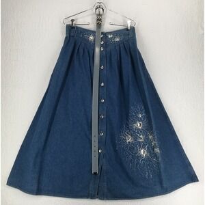 Vintage J Bare Wilson Flared Maxi Denim Skirt Size L Embellished Button Front